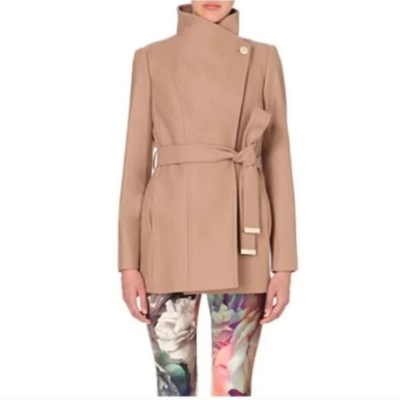TED BAKER Paria Short Wrap Coat Wool Tan Womens Size 1 US 4 Minimalist‎ - Picture 1 of 10